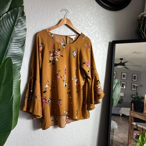 Mustard Yellow Floral LC Lauren Conrad Bell Sleeve Blouse - Women’s Size XL - Picture 1 of 3